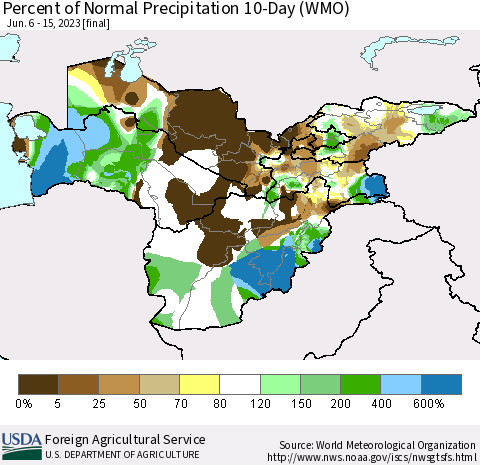 Central Asia Percent of Normal Precipitation 10-Day (WMO) Thematic Map For 6/6/2023 - 6/15/2023