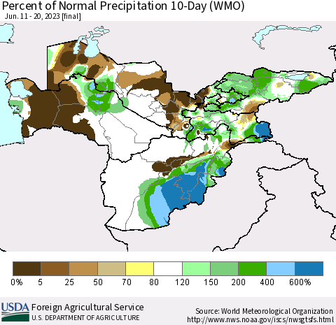Central Asia Percent of Normal Precipitation 10-Day (WMO) Thematic Map For 6/11/2023 - 6/20/2023
