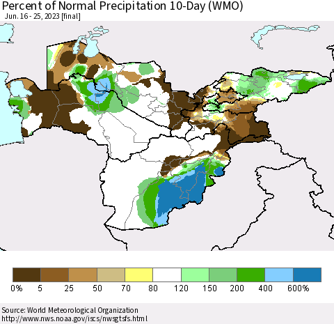 Central Asia Percent of Normal Precipitation 10-Day (WMO) Thematic Map For 6/16/2023 - 6/25/2023