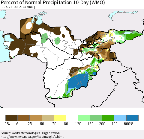Central Asia Percent of Normal Precipitation 10-Day (WMO) Thematic Map For 6/21/2023 - 6/30/2023