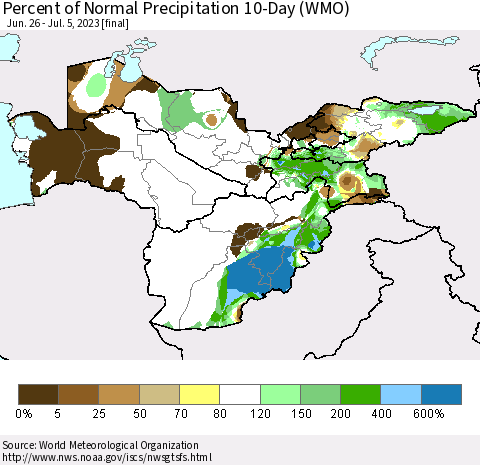 Central Asia Percent of Normal Precipitation 10-Day (WMO) Thematic Map For 6/26/2023 - 7/5/2023