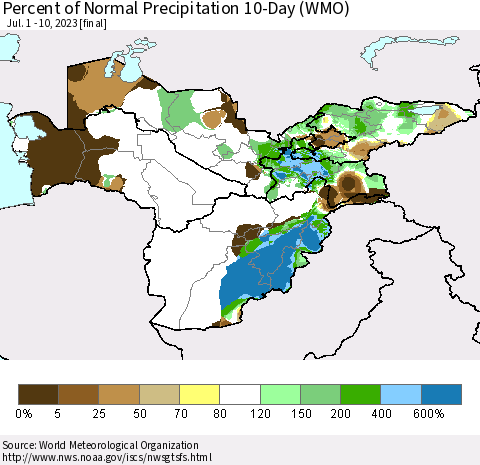 Central Asia Percent of Normal Precipitation 10-Day (WMO) Thematic Map For 7/1/2023 - 7/10/2023