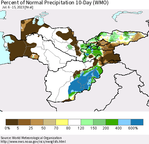Central Asia Percent of Normal Precipitation 10-Day (WMO) Thematic Map For 7/6/2023 - 7/15/2023