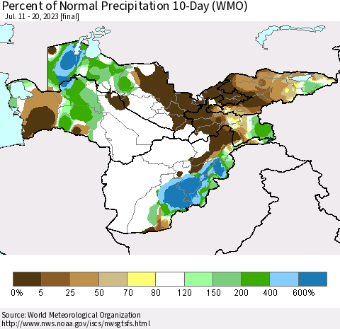 Central Asia Percent of Normal Precipitation 10-Day (WMO) Thematic Map For 7/11/2023 - 7/20/2023
