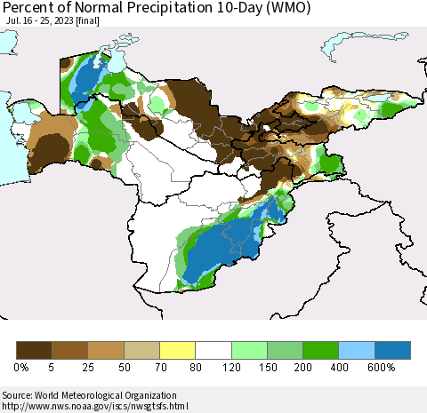 Central Asia Percent of Normal Precipitation 10-Day (WMO) Thematic Map For 7/16/2023 - 7/25/2023