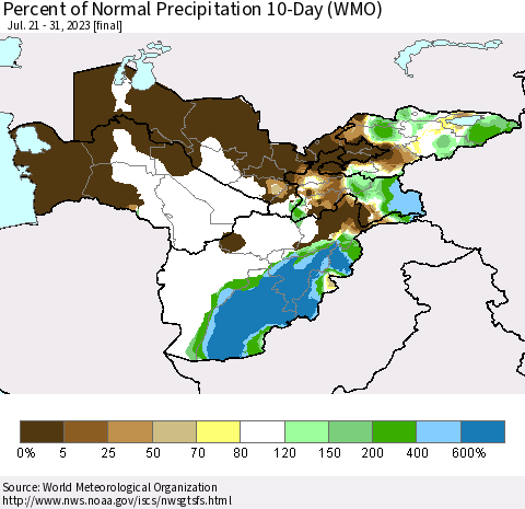 Central Asia Percent of Normal Precipitation 10-Day (WMO) Thematic Map For 7/21/2023 - 7/31/2023