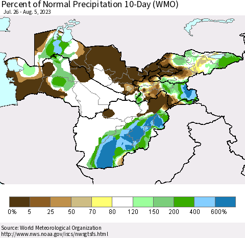 Central Asia Percent of Normal Precipitation 10-Day (WMO) Thematic Map For 7/26/2023 - 8/5/2023