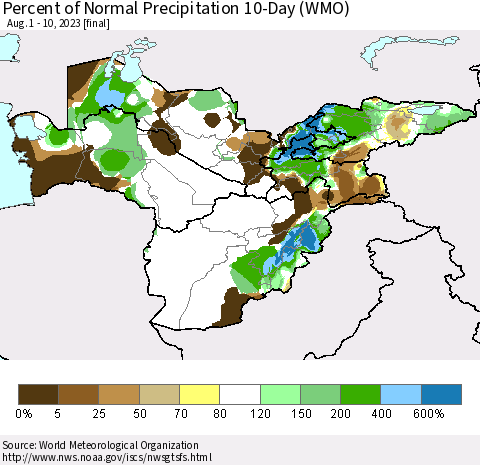Central Asia Percent of Normal Precipitation 10-Day (WMO) Thematic Map For 8/1/2023 - 8/10/2023