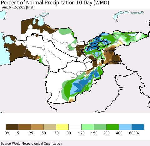 Central Asia Percent of Normal Precipitation 10-Day (WMO) Thematic Map For 8/6/2023 - 8/15/2023