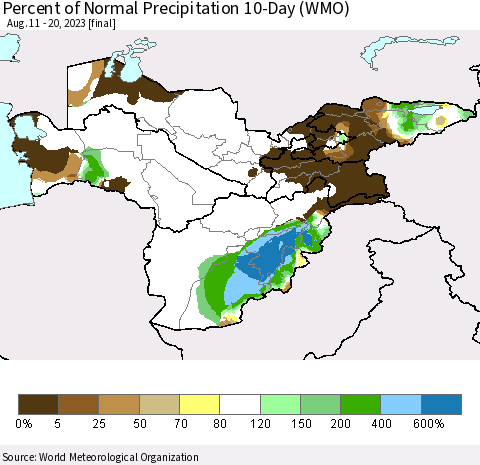 Central Asia Percent of Normal Precipitation 10-Day (WMO) Thematic Map For 8/11/2023 - 8/20/2023