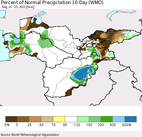 Central Asia Percent of Normal Precipitation 10-Day (WMO) Thematic Map For 8/16/2023 - 8/25/2023