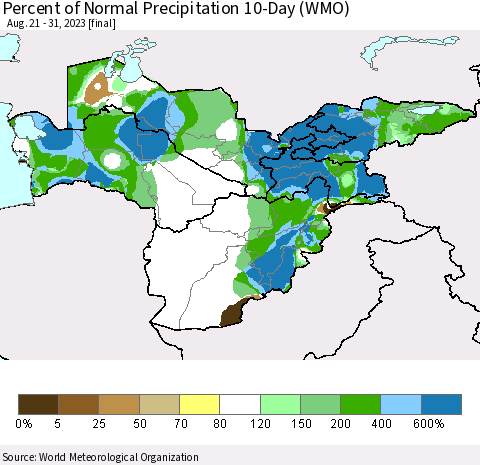 Central Asia Percent of Normal Precipitation 10-Day (WMO) Thematic Map For 8/21/2023 - 8/31/2023
