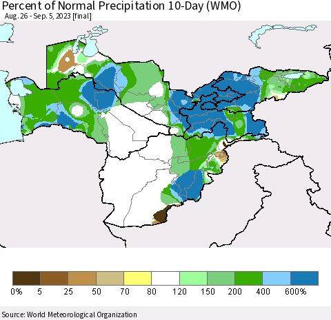 Central Asia Percent of Normal Precipitation 10-Day (WMO) Thematic Map For 8/26/2023 - 9/5/2023