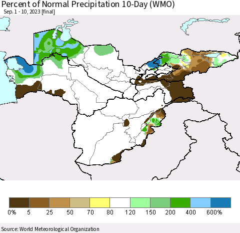 Central Asia Percent of Normal Precipitation 10-Day (WMO) Thematic Map For 9/1/2023 - 9/10/2023