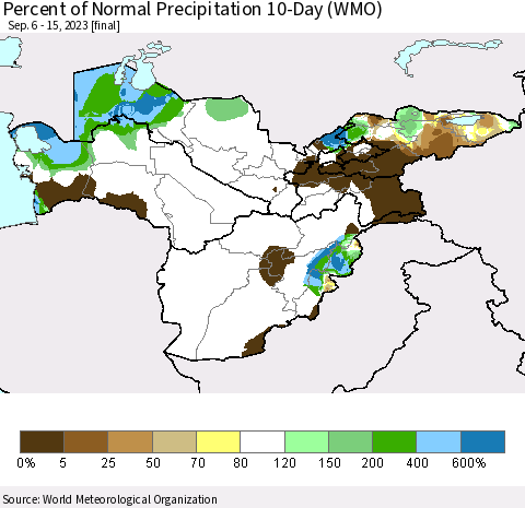 Central Asia Percent of Normal Precipitation 10-Day (WMO) Thematic Map For 9/6/2023 - 9/15/2023