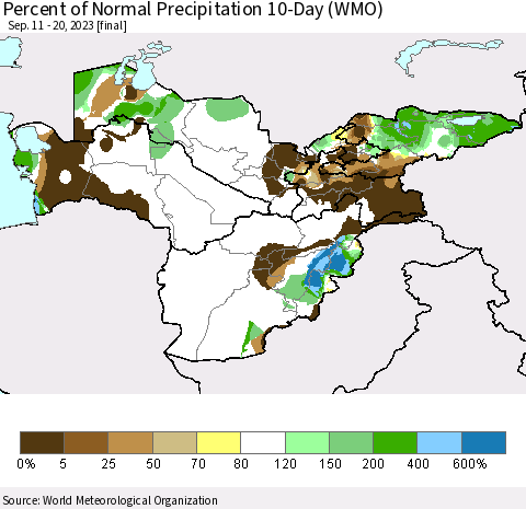 Central Asia Percent of Normal Precipitation 10-Day (WMO) Thematic Map For 9/11/2023 - 9/20/2023