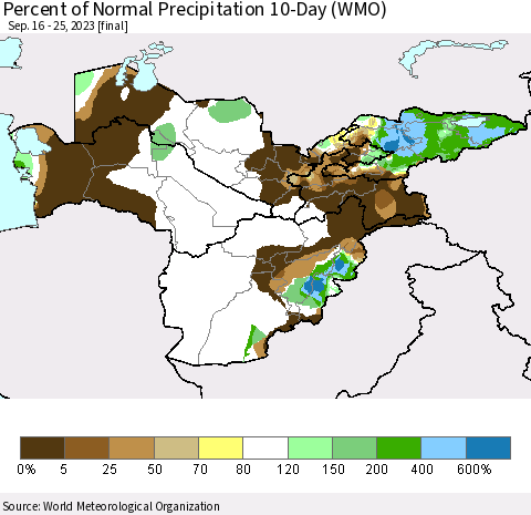 Central Asia Percent of Normal Precipitation 10-Day (WMO) Thematic Map For 9/16/2023 - 9/25/2023