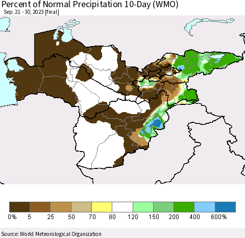 Central Asia Percent of Normal Precipitation 10-Day (WMO) Thematic Map For 9/21/2023 - 9/30/2023