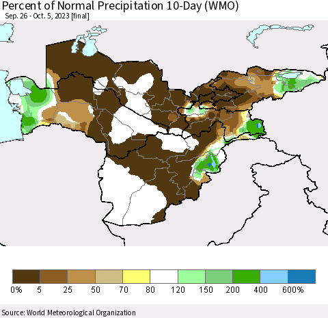 Central Asia Percent of Normal Precipitation 10-Day (WMO) Thematic Map For 9/26/2023 - 10/5/2023