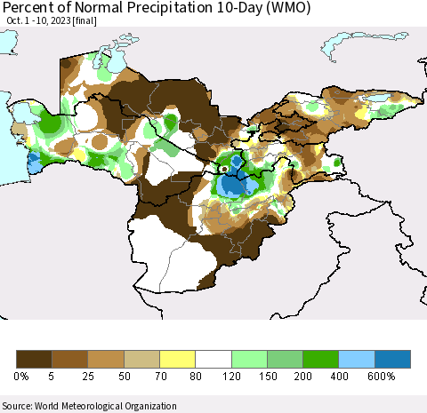 Central Asia Percent of Normal Precipitation 10-Day (WMO) Thematic Map For 10/1/2023 - 10/10/2023