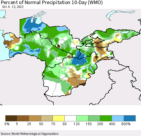 Central Asia Percent of Normal Precipitation 10-Day (WMO) Thematic Map For 10/6/2023 - 10/15/2023