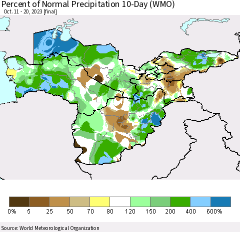 Central Asia Percent of Normal Precipitation 10-Day (WMO) Thematic Map For 10/11/2023 - 10/20/2023