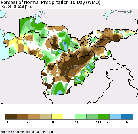 Central Asia Percent of Normal Precipitation 10-Day (WMO) Thematic Map For 10/16/2023 - 10/25/2023