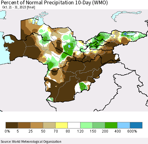 Central Asia Percent of Normal Precipitation 10-Day (WMO) Thematic Map For 10/21/2023 - 10/31/2023
