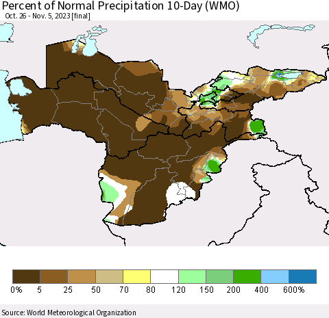 Central Asia Percent of Normal Precipitation 10-Day (WMO) Thematic Map For 10/26/2023 - 11/5/2023