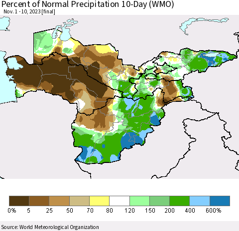 Central Asia Percent of Normal Precipitation 10-Day (WMO) Thematic Map For 11/1/2023 - 11/10/2023