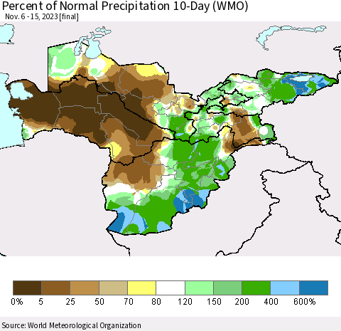 Central Asia Percent of Normal Precipitation 10-Day (WMO) Thematic Map For 11/6/2023 - 11/15/2023