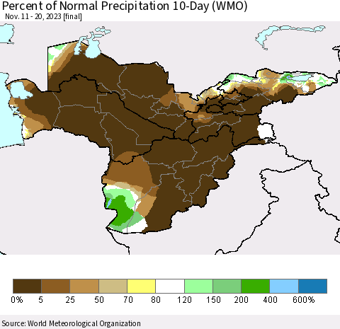 Central Asia Percent of Normal Precipitation 10-Day (WMO) Thematic Map For 11/11/2023 - 11/20/2023