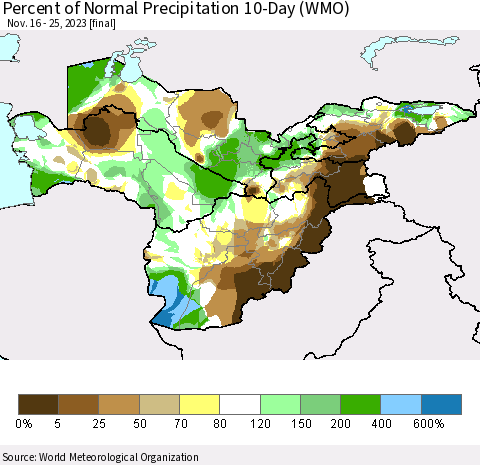 Central Asia Percent of Normal Precipitation 10-Day (WMO) Thematic Map For 11/16/2023 - 11/25/2023