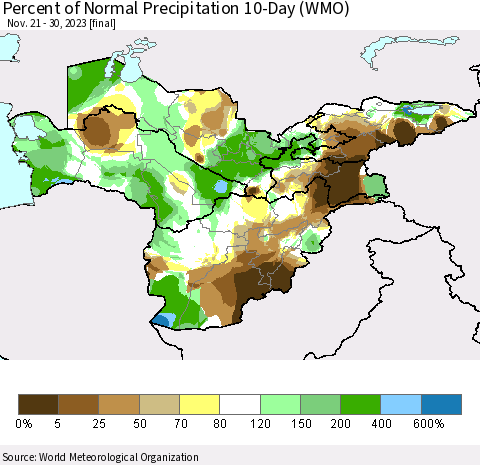 Central Asia Percent of Normal Precipitation 10-Day (WMO) Thematic Map For 11/21/2023 - 11/30/2023