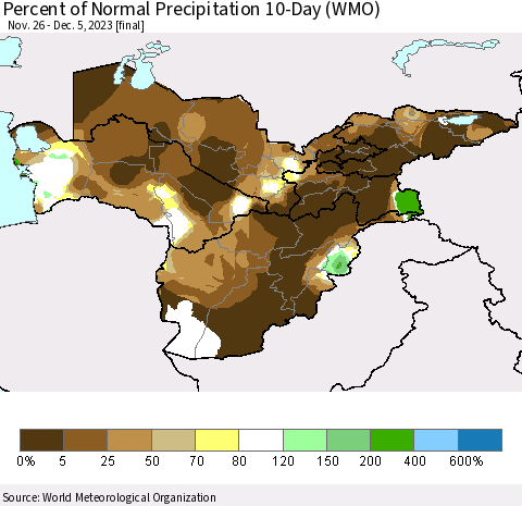 Central Asia Percent of Normal Precipitation 10-Day (WMO) Thematic Map For 11/26/2023 - 12/5/2023