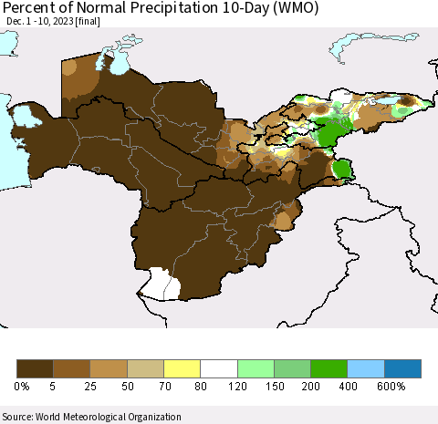 Central Asia Percent of Normal Precipitation 10-Day (WMO) Thematic Map For 12/1/2023 - 12/10/2023