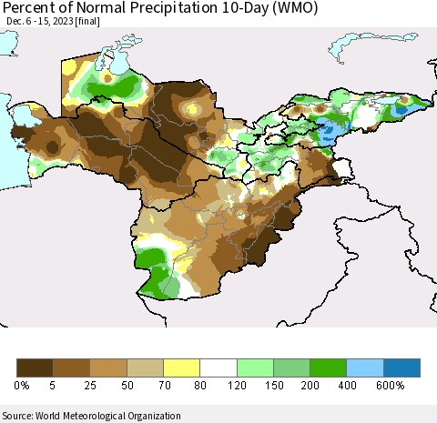 Central Asia Percent of Normal Precipitation 10-Day (WMO) Thematic Map For 12/6/2023 - 12/15/2023