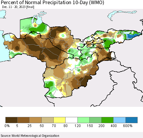 Central Asia Percent of Normal Precipitation 10-Day (WMO) Thematic Map For 12/11/2023 - 12/20/2023
