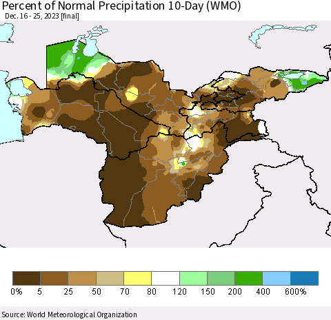 Central Asia Percent of Normal Precipitation 10-Day (WMO) Thematic Map For 12/16/2023 - 12/25/2023