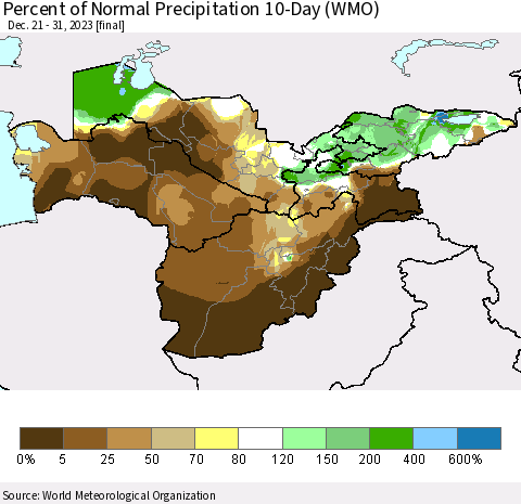 Central Asia Percent of Normal Precipitation 10-Day (WMO) Thematic Map For 12/21/2023 - 12/31/2023