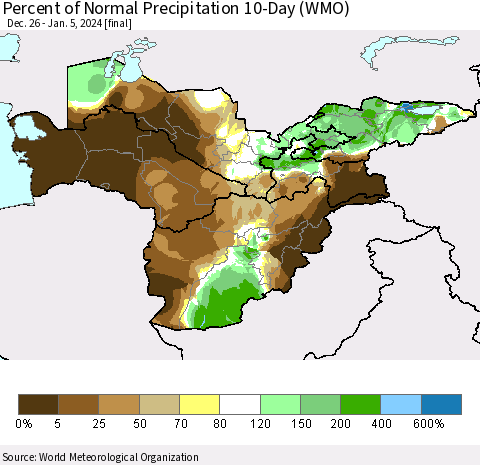 Central Asia Percent of Normal Precipitation 10-Day (WMO) Thematic Map For 12/26/2023 - 1/5/2024