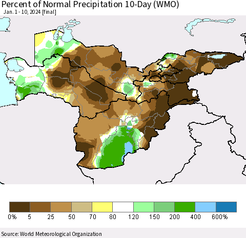 Central Asia Percent of Normal Precipitation 10-Day (WMO) Thematic Map For 1/1/2024 - 1/10/2024