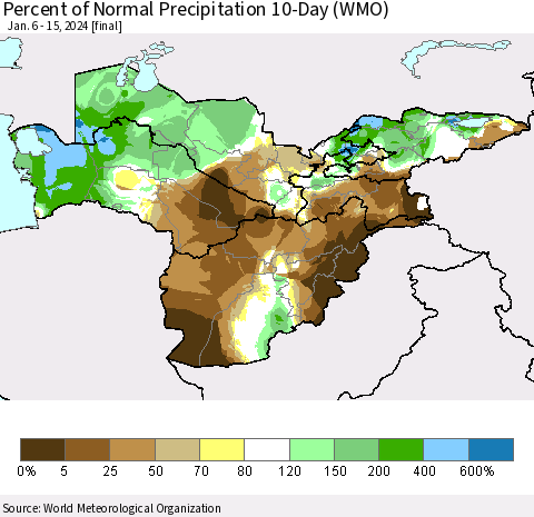 Central Asia Percent of Normal Precipitation 10-Day (WMO) Thematic Map For 1/6/2024 - 1/15/2024