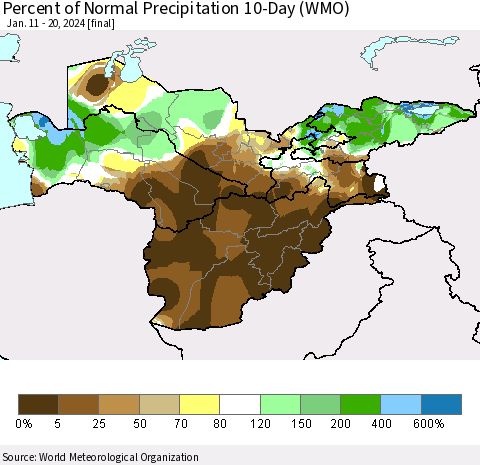 Central Asia Percent of Normal Precipitation 10-Day (WMO) Thematic Map For 1/11/2024 - 1/20/2024