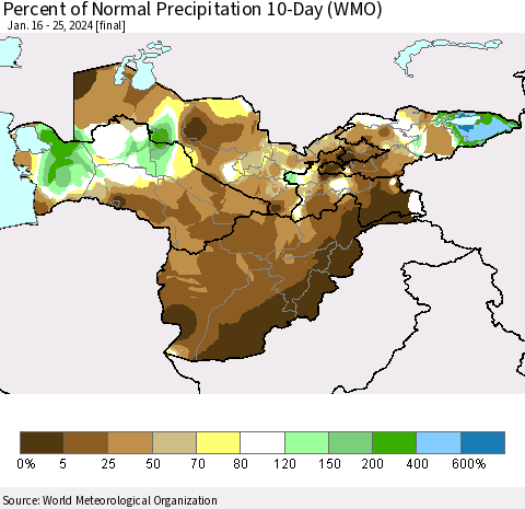 Central Asia Percent of Normal Precipitation 10-Day (WMO) Thematic Map For 1/16/2024 - 1/25/2024