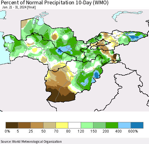 Central Asia Percent of Normal Precipitation 10-Day (WMO) Thematic Map For 1/21/2024 - 1/31/2024