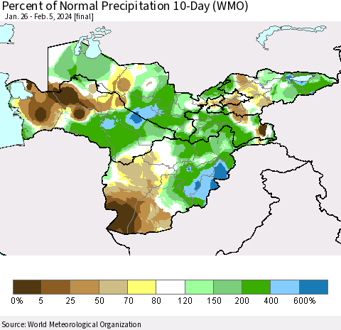 Central Asia Percent of Normal Precipitation 10-Day (WMO) Thematic Map For 1/26/2024 - 2/5/2024