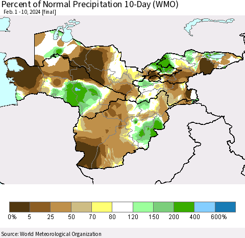 Central Asia Percent of Normal Precipitation 10-Day (WMO) Thematic Map For 2/1/2024 - 2/10/2024