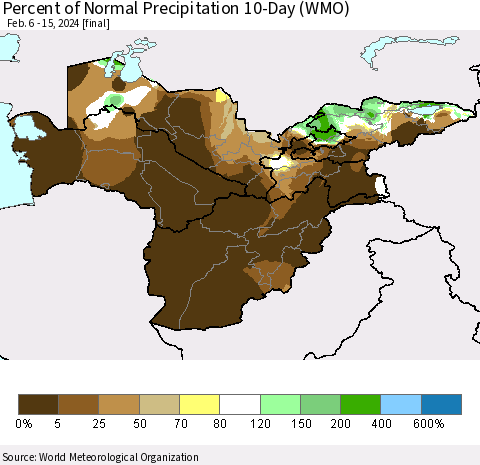 Central Asia Percent of Normal Precipitation 10-Day (WMO) Thematic Map For 2/6/2024 - 2/15/2024