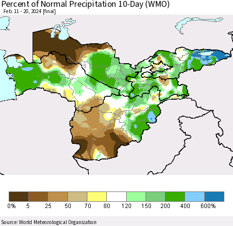 Central Asia Percent of Normal Precipitation 10-Day (WMO) Thematic Map For 2/11/2024 - 2/20/2024
